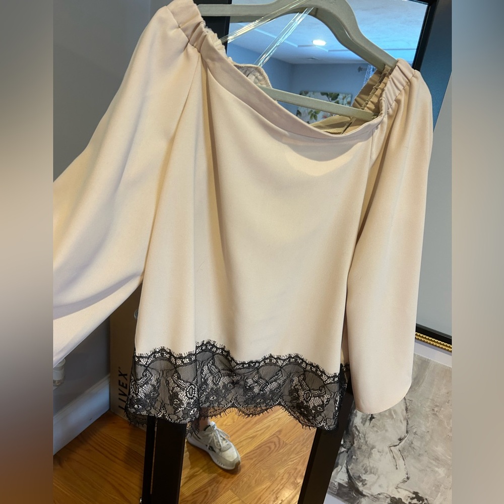 Cream with black lace detail off the shoulder top